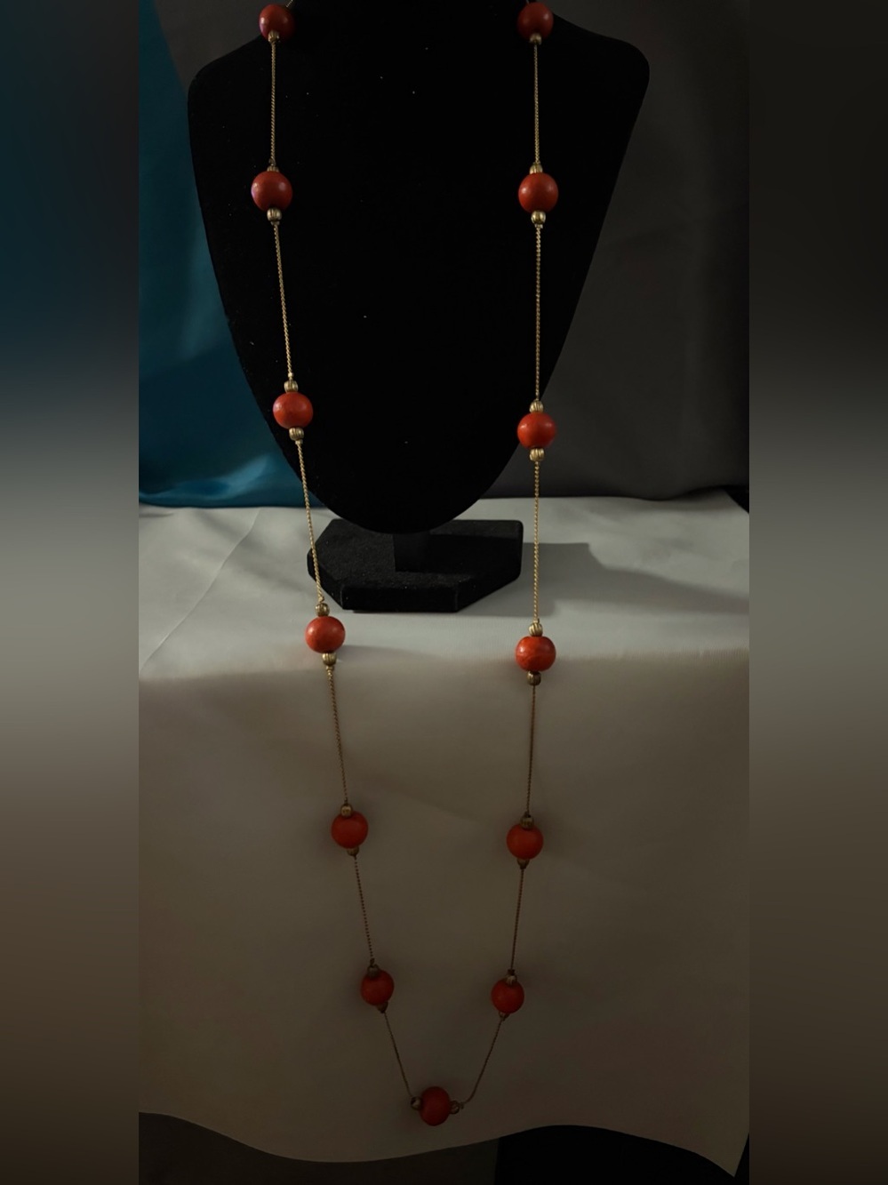 Gold Chain Necklace with Coral Beads - Red Bead Long Necklace